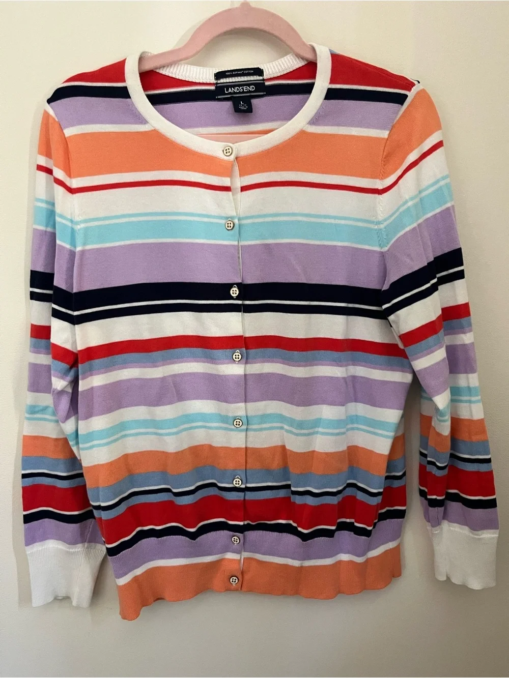 Lands’ End Women’s Large Multicolor Striped Cardigan Sweater Preppy Coastal
